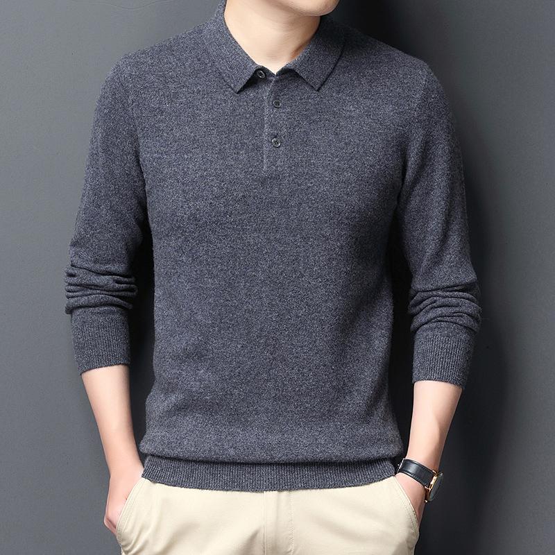 

2020 New 100% Cashmere Men Turn-down Collar Sweater Warm Casual Knitted Pure Wool Sweaters, Black