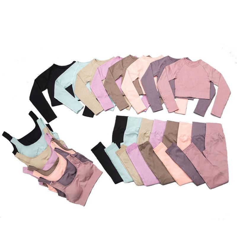 

3pcs Seamless Yoga Set Sport Bra Women Gym Wear Workout High Waist Running Leggings Fitness Long Sleeve Shirt Top Sports Suit, Black