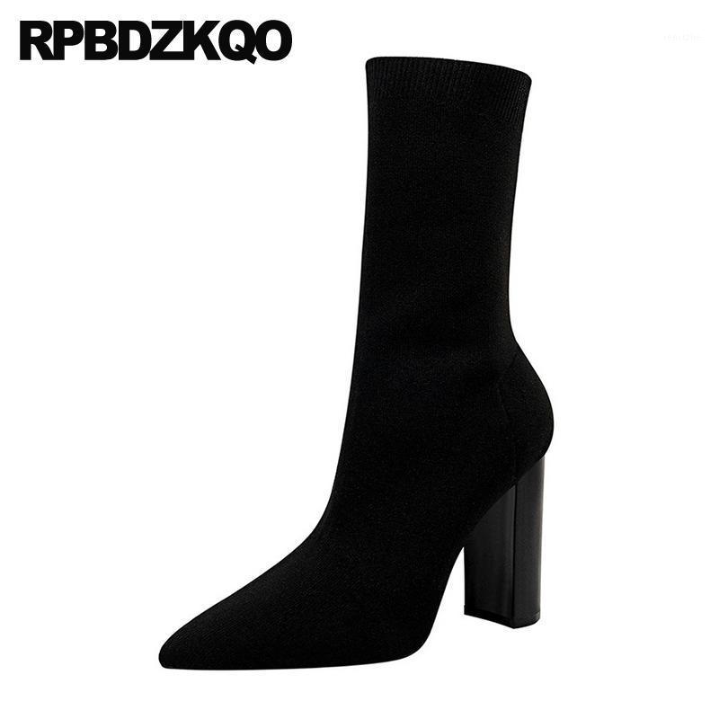 

thick black pointed toe fall high heel boots ankle 2020 autumn knit shoes women block cheap silver chunky slip on1