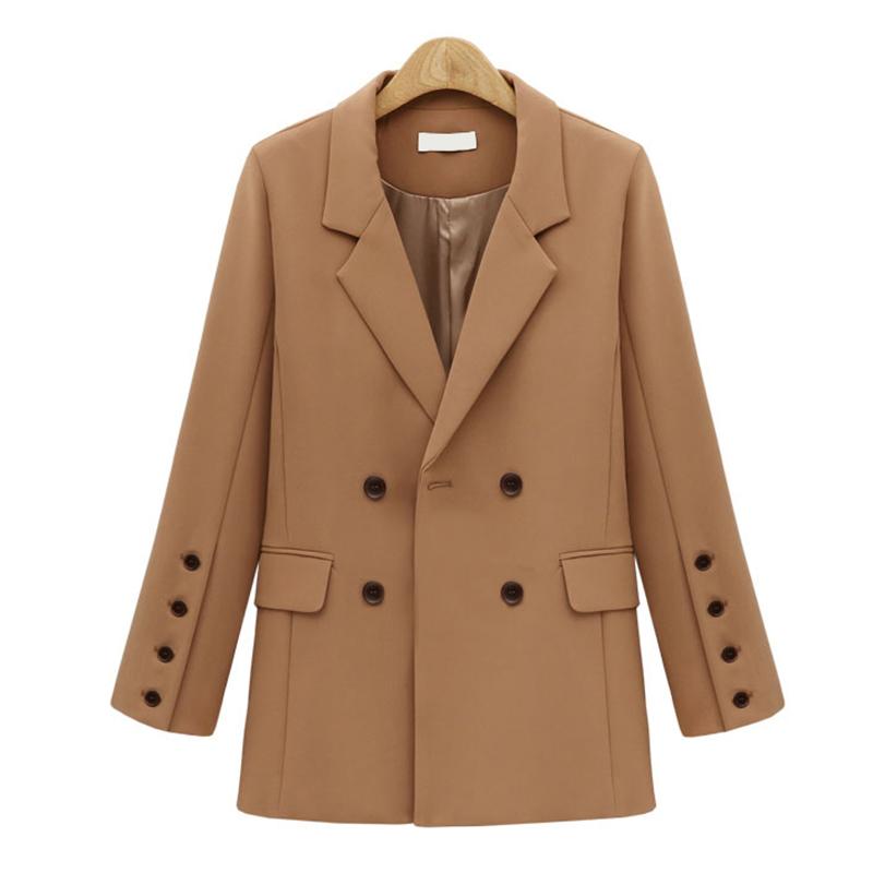 

2020 Ladies Fall/winter Casual Suit Jacket Solid Color Loose Mid-length Ladies Double-breasted Notch Female Jacket, Black