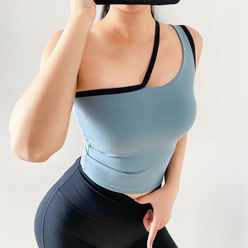 

New Color Matching Yoga Tank Tops Single Shoulder Strap Gym Clothes Vest Female Running Sleeveless Fitness Top Sports Camisole, Black