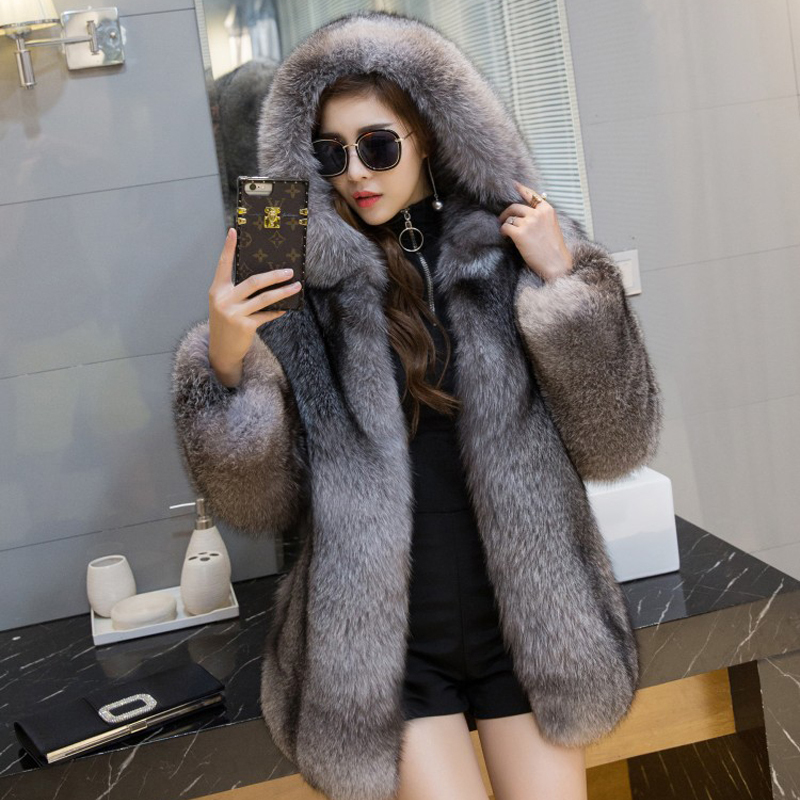 

Silver Women Frost Fox with Medium-sized Leather Hood Long Female Luxury Fur Coat Warm Outerwear of Winter 6ddq, Length 60cm
