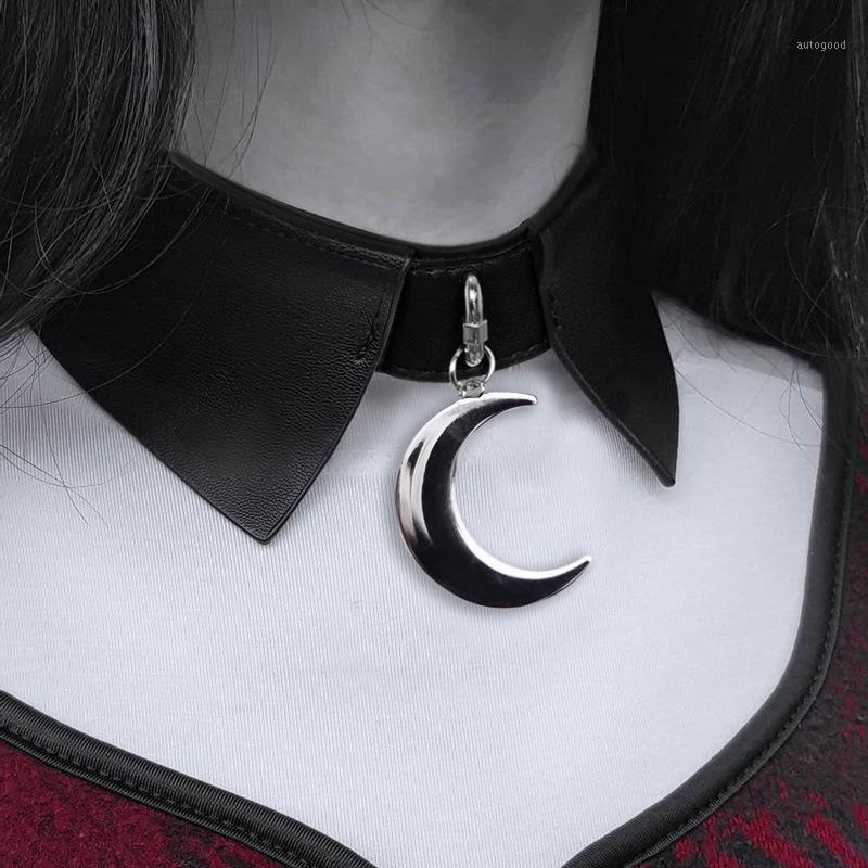

Chokers Neo-gothic Women Metal Moon Shape Pendant Choker Necklace Punk Style Female Solid PU Leather Collar Accessories Jewelry Chocker1