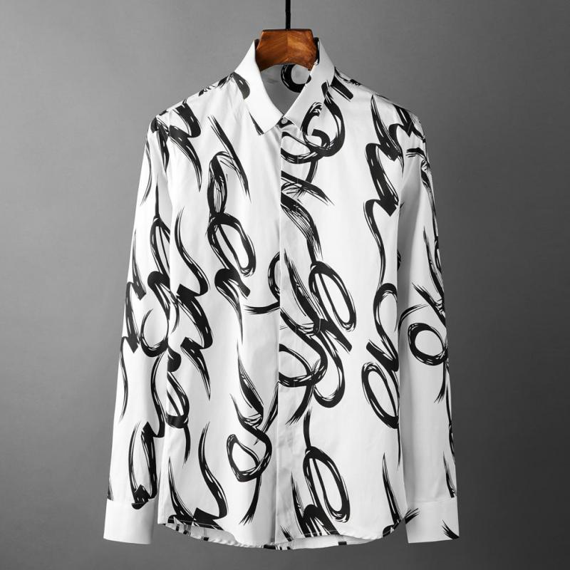 

2020 100% Cotton Mens Shirts Luxury Hand-painted Printing Long Sleeve Men Shirt Plus Size 4xl Slim Fit Casual Man Shirts, White