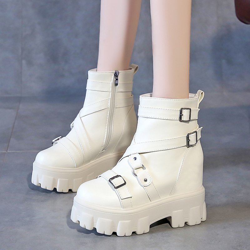 

Top black white chunky ankle for women double buckle heels hidden wedges woman shoe platform motorcycle boots