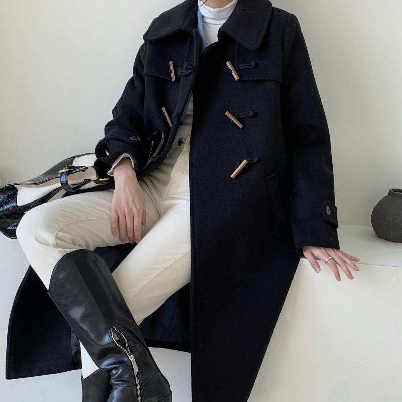 

quality Black woollen coat women's medium and long style fall / winter 2020 new Korean loose cocoon small denim coat