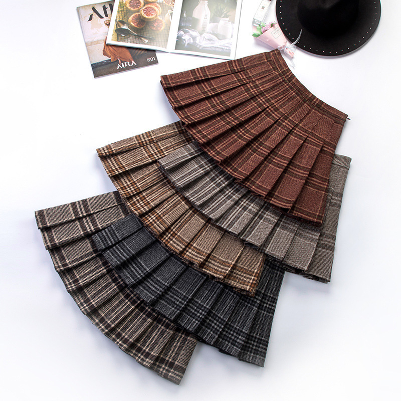 

2021 New High Waist Style Wool Pleated Skirts for Girls Cute Sweet Ladies Camel Black Plaid Mini Skirt Women G1v5