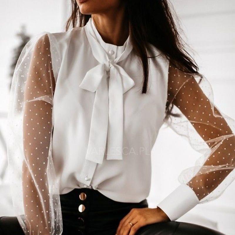 

Women's Blouses & Shirts 2022 Fashion Blouse Women Mesh Bow Dot Button Plus Size Ladies Tops Stand Collar Shirt Casual Long Sleeve 12590, White
