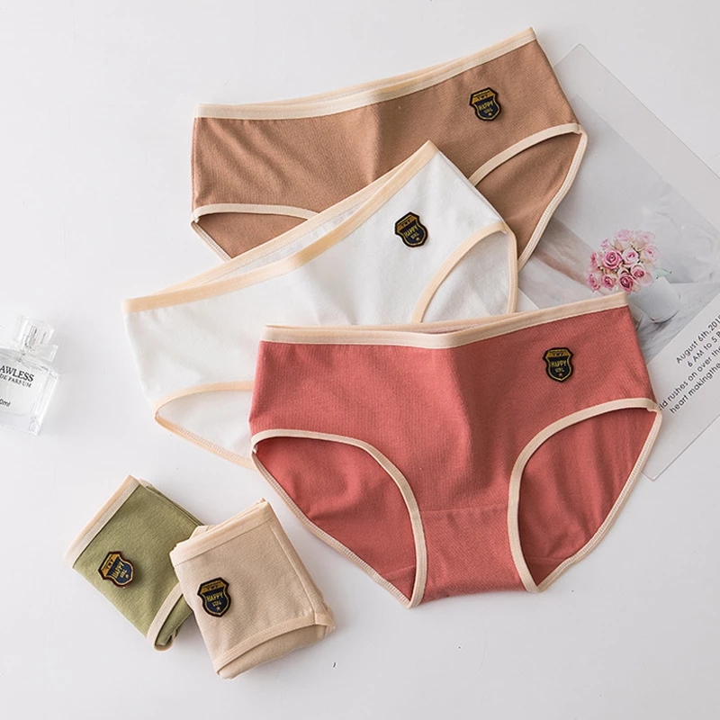 

New Cotton Women's Underwear Comfortable Seamless Underpants Embroidery Badge Panties Solid Lingerie Mid Waist Girls Briefs, As pics