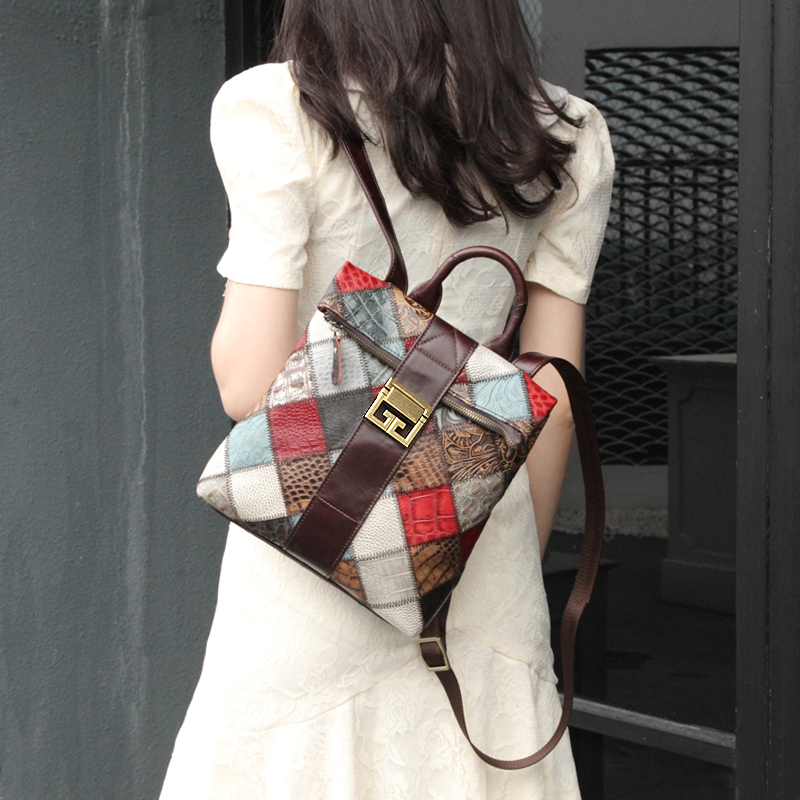 

Woman Genuine Leather Backpack Vintage Travel Shoulder Bags Lady Designer Laptop Backpacks Colorful Patchwork 10 Inchs Bookbag, Gold