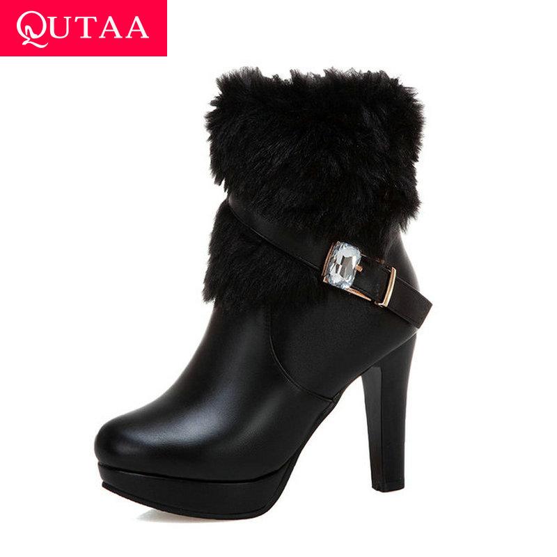 

QUTAA 2020 New Autumn Winter Pointed Toe Zipper Ankle Boots PU Leather Fashion Fur Square High Heel Women Shoes Size 34-43, Beige