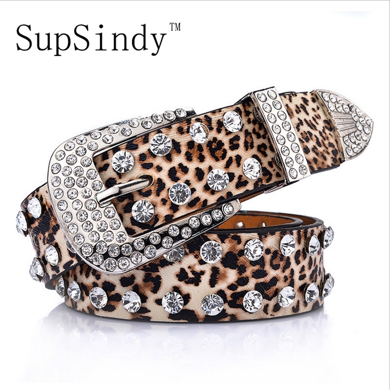 

SupSindy women belt pin buckle luxury Rhinestones leopard print PU leather belts for women best quality Female strap for jeans Y200730, Black