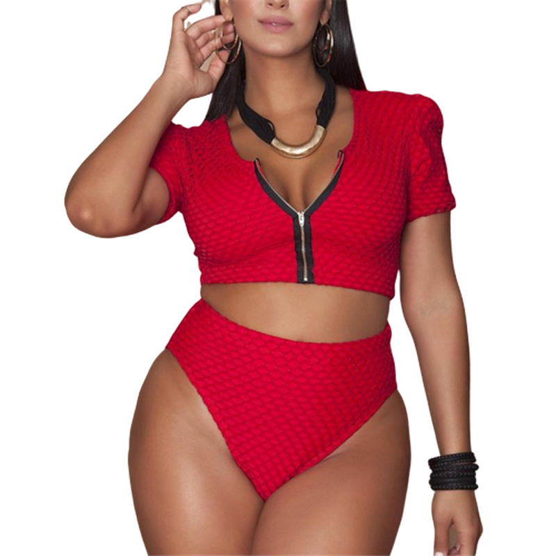 

XL-4XL Plus Size Bikini Set Pad Zipper Front Swimsuit Large Swimwear 2019 High Waist Monokini Female Short Sleeve Bathing Suit