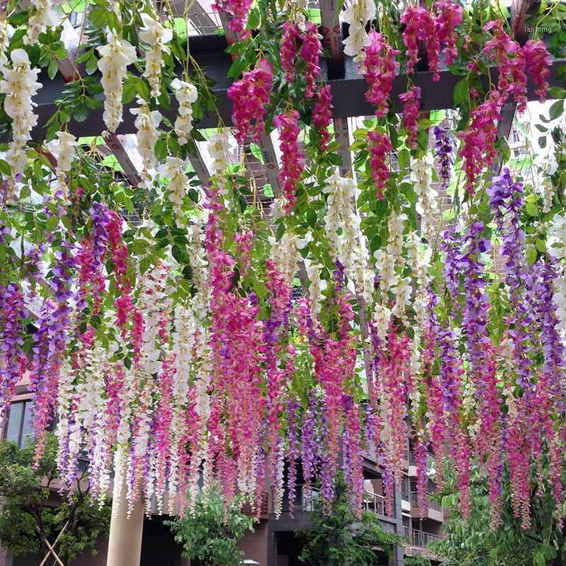 

12pcs/lot Artificial Silk Wisteria Flowers Vine Hanging Bouquet Rattan Bride flowers Garland For Home Garden Hotel Wedding Decor1, White