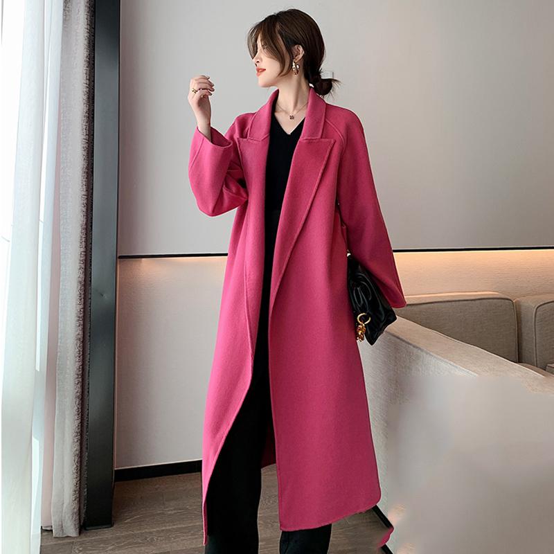

Women' Double-Faced Cashmere Coat (100% Pure Wool Fabric) 2021 Winter New Korean Long-Sleeved High-End Rose Red Long Jacket YR8