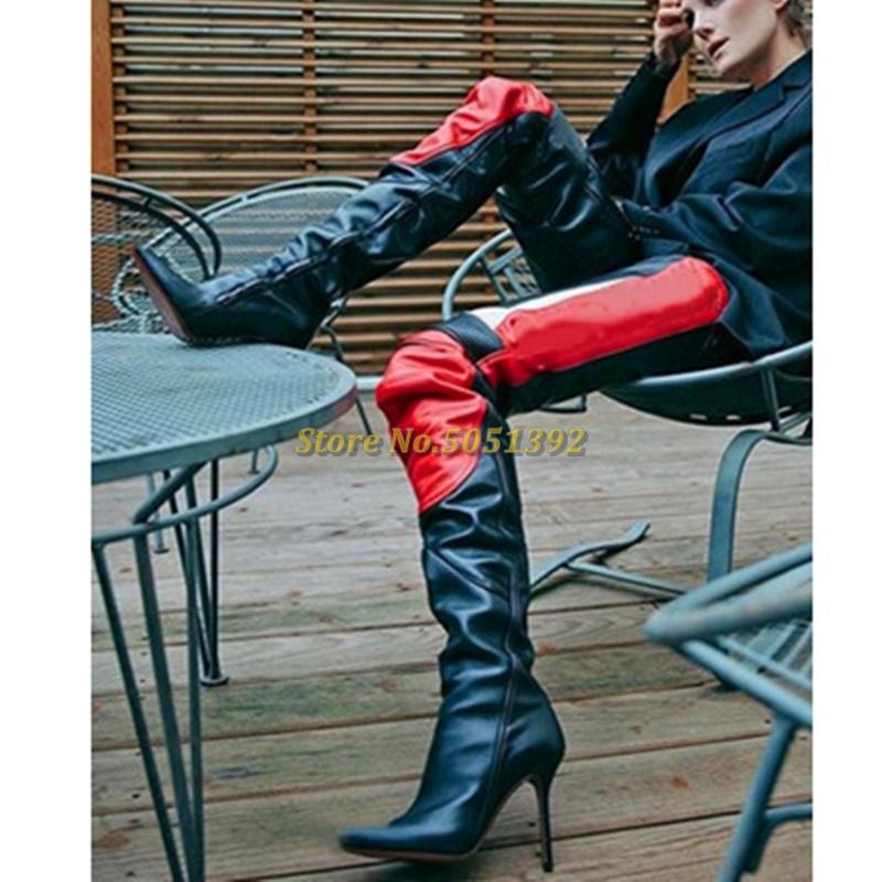 

Patchwork Thin Heel Thigh High Boots Over The Knee Black Red Mixed Color Sexy Pointed Toe Runway Boots Women Winter Custom Made