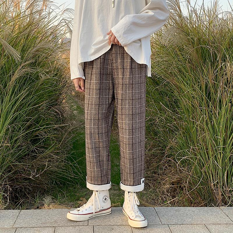 

Spring Autumn Retro Plaid Woolen Pants Male Korean Version of All-match Students Straight Casual Wide-leg Small Trousers, Black