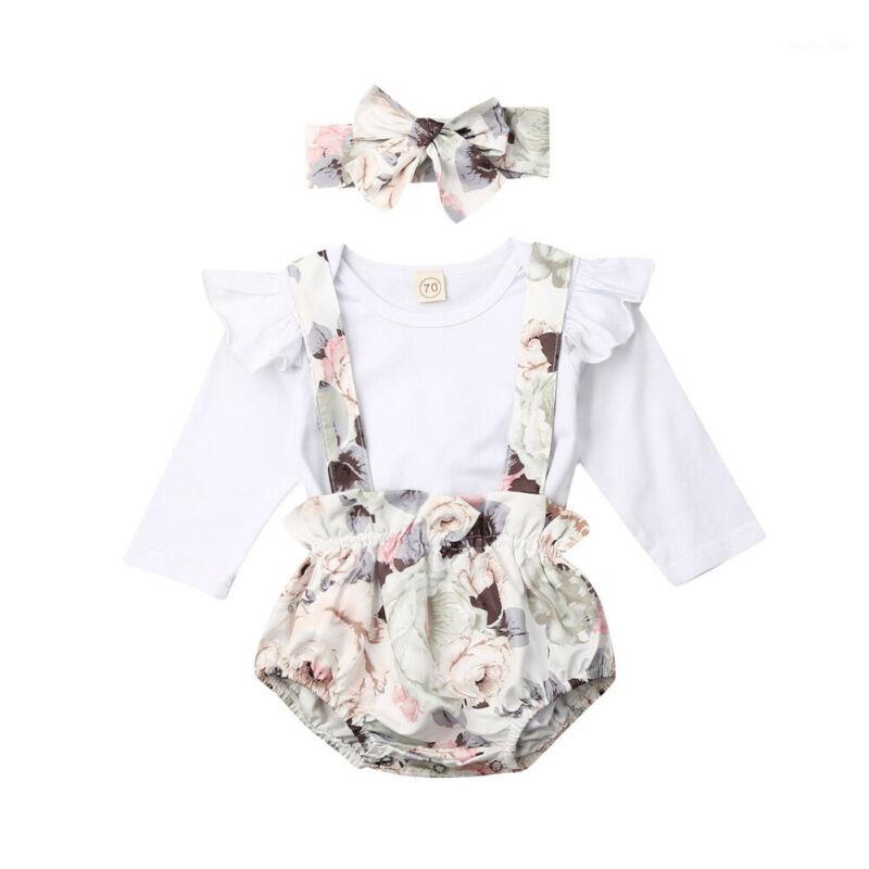 

2020 New Newborn Baby Girl Clothes Solid Color Long Sleeve Romper Tops Strap Flower Print Short Pants Headband 3Pcs Outfits Set1, As pic
