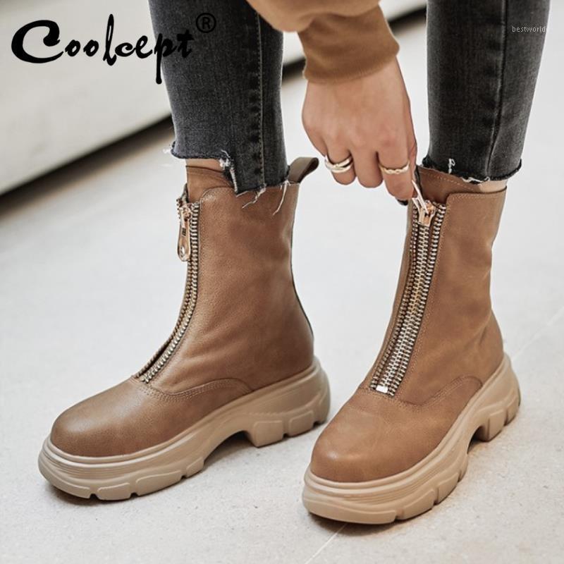 

Coolcept Women Real Leather Boots Half Short Winter Shoes Women High Quality Boots Fashion Casual Zipper Footwear Size 34-421, Black