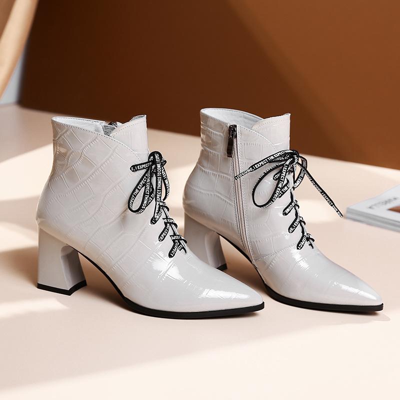 

2020 Autumn Short Boots Women Genuine Leather Ankle Boots Warm in winter 7cm Chunky Heel Patent Fashion Booties Zipper Shoes, Beige