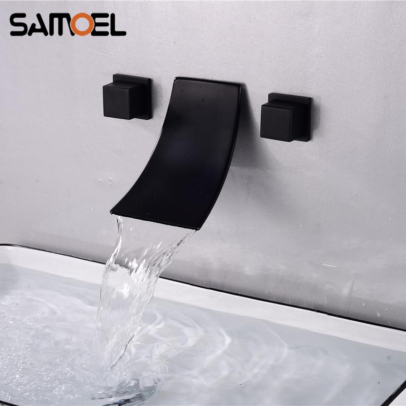 

Modern Wall-mounted 3 Hole Square Waterfall Bathroom Sink Faucet Matte Black Concealed Bath Tub Basin Water Mixer Tap B3441