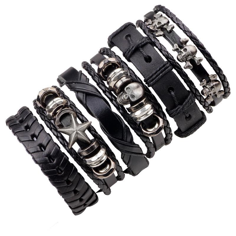 

Chino's new six-piece real cowhide bracelet, skull set, men's woven bracelet, jewelry factory direct sales