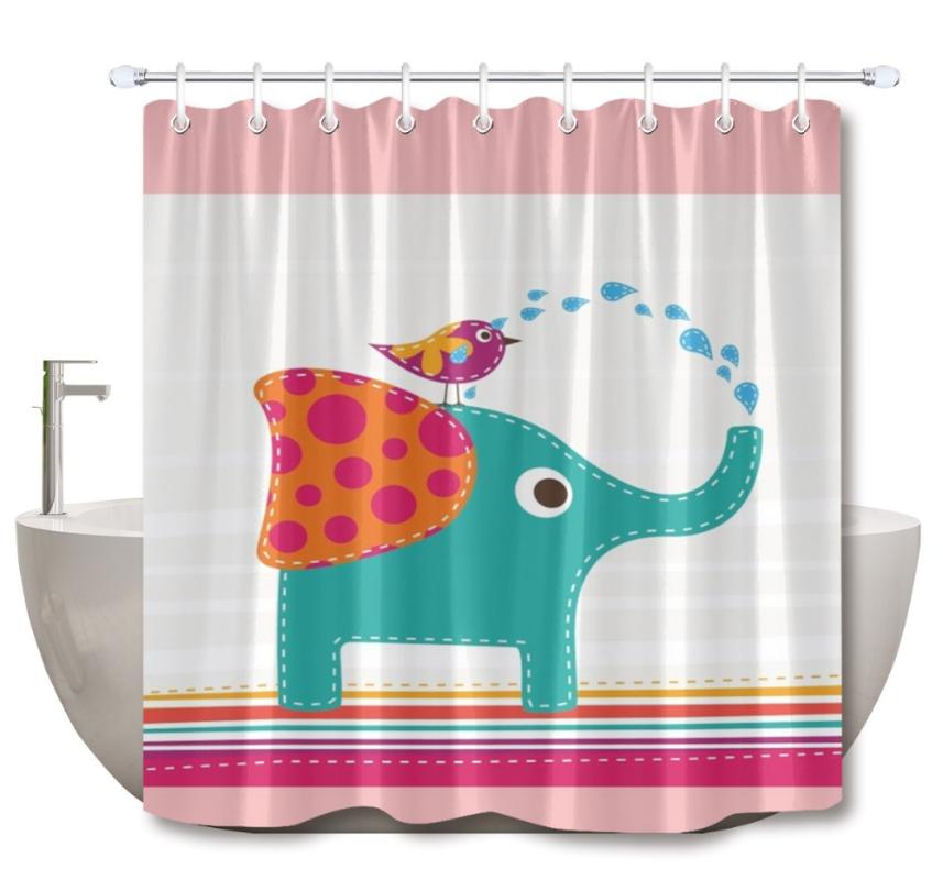 

LB 72'' Funny Cute Elephant Bird Stripes Pink White Blue Bathroom Shower Curtain Nature Waterproof Fabric For Kids Bathtub Decor