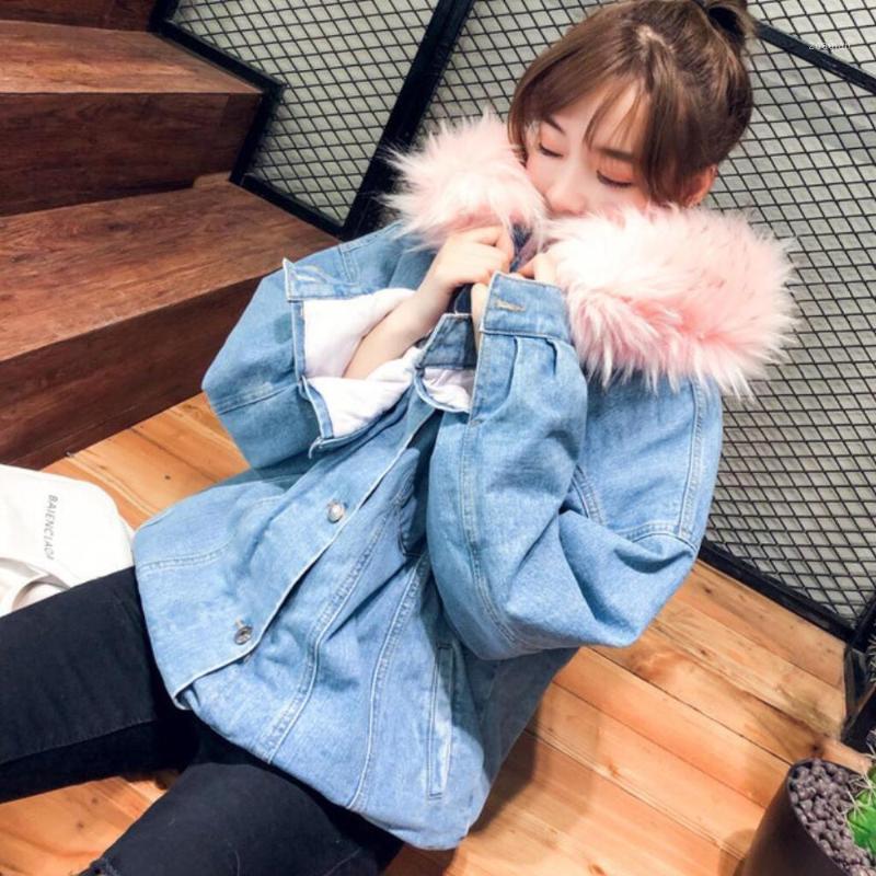 

Winter new style Korean loose extra large fur collar fur thick denim cotton coat1, Gray collars