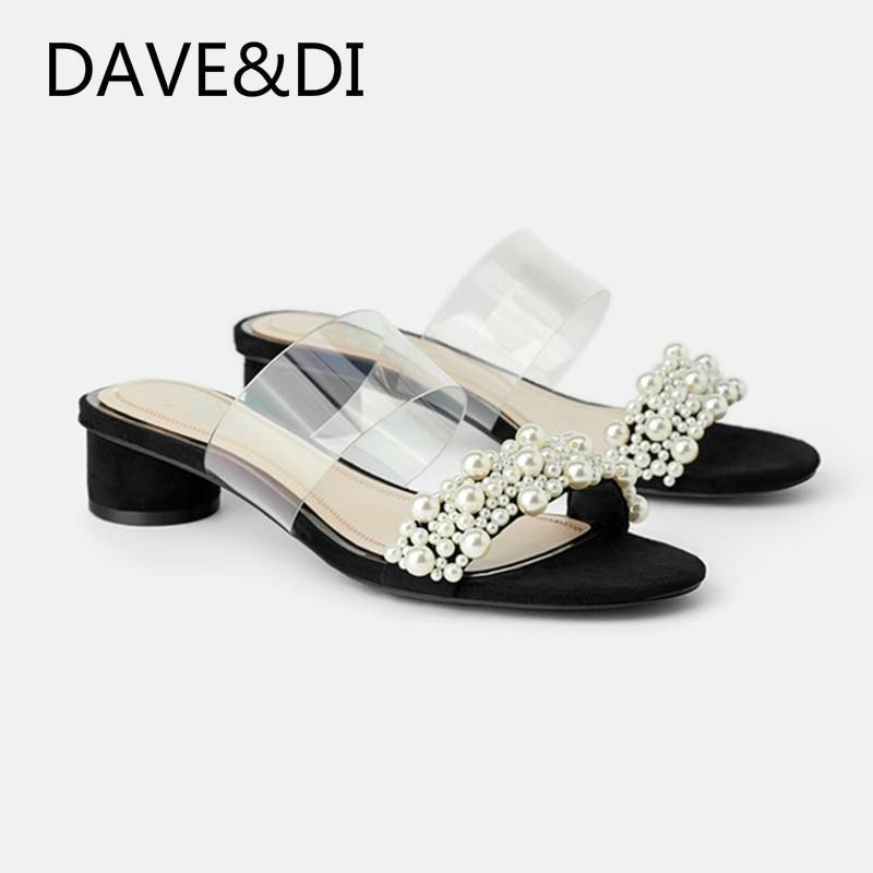 

DAVE&DI 2020 summer shoes women england style simple elegant office lady pearls mules flat shoes slippers women woman1, Black