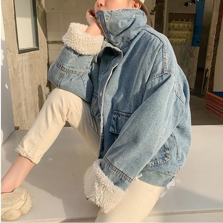 

Women Winter Fashion New Warm Loose Denim Coat Lamb Wool Thickened and Velvet Liner Denim Jacket Female Thick Outwear, Black;brown