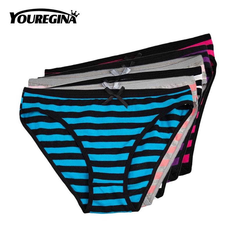 

YOUREGINA Women's Bowknot Simple Striped Panties Underwear Cotton Briefs Female Sexy Ladies Soft Comfortable 6pcs/lot M L  XXL 201112, Multi