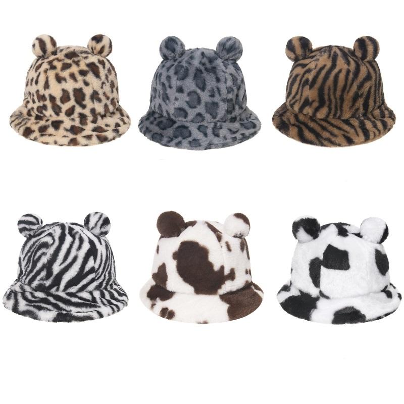 

Japanese Women Winter Thicken Fuzzy Plush Bucket Hat Cute Bear Ears Leopard Zebra-Stripes Cow Printed Outdoor Warm Panama Fisher