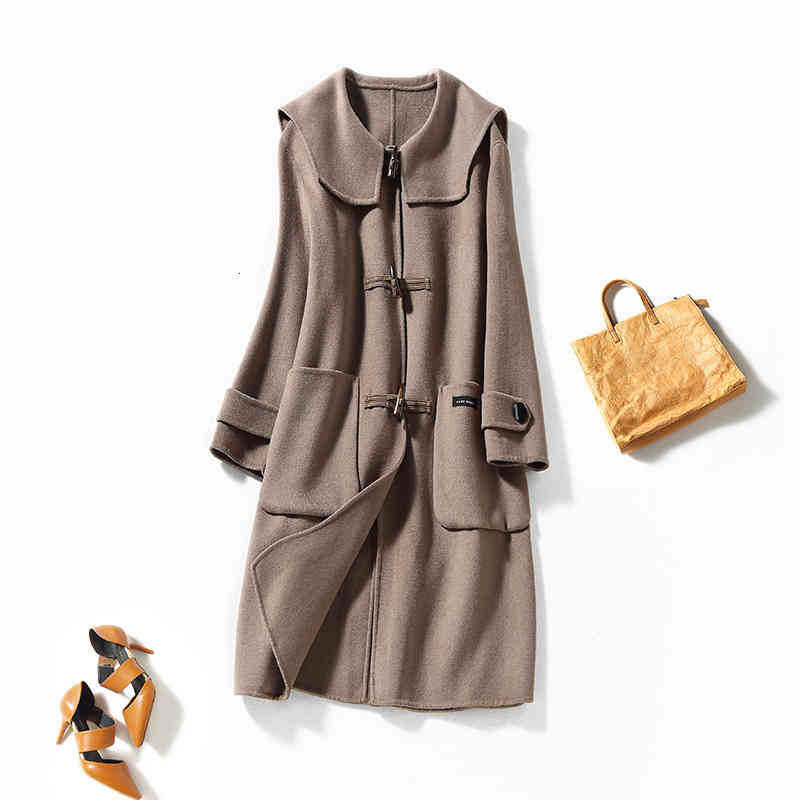 

Women' Wool & Blends Shenzhen high-end autumn and winter ox horn buckle shows thin hmade double-sided tweed medium long wool coat women' A98Y, Grey camel
