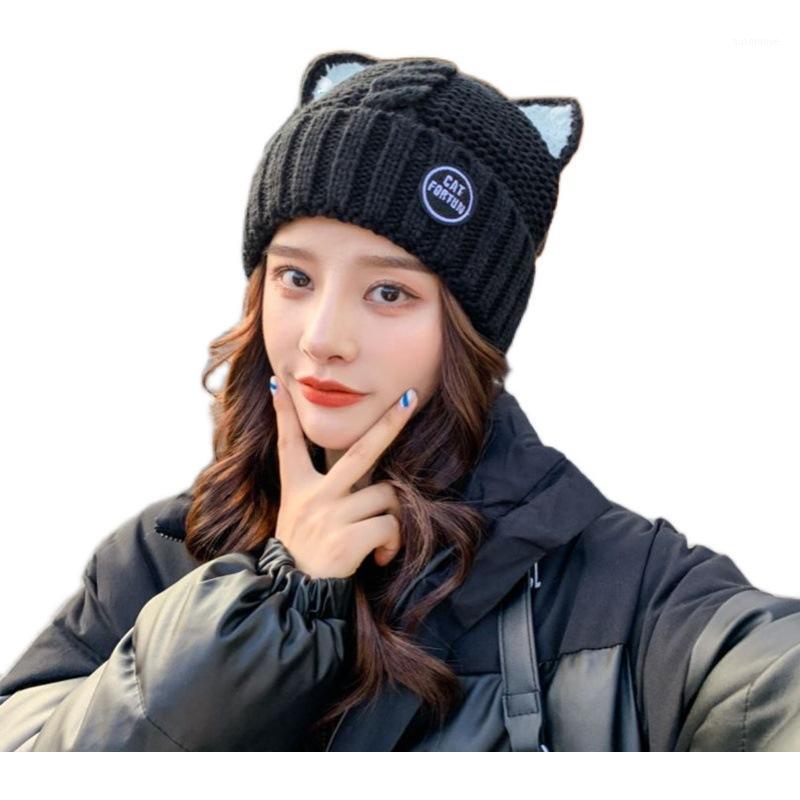 

Japanese cute cat ear knitted wool hat female autumn and winter wild plus velvet warm ear protection toe cap1, White