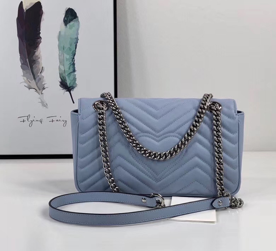 

top quality Bags Marmont Shoulder Bag Fashion Tote Crossbody Bag Handbags Love heart V Wave soft Genuine Leather Women Chain Bags, Blue