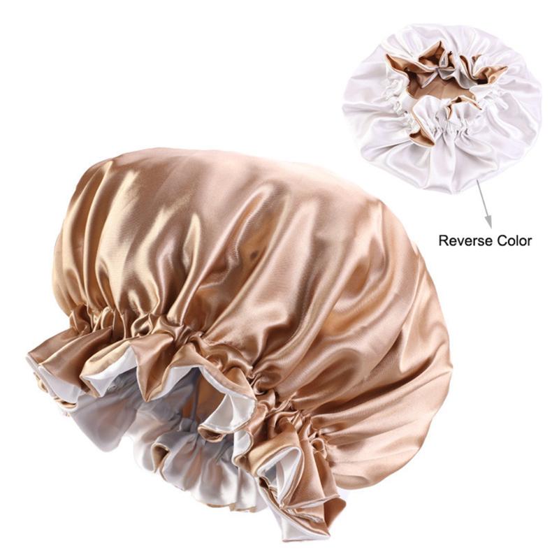 

Women Solid Extra Large Spa Double Layer Elastic Band Bathing Waterproof Shower Cap Home Hotel Hair Bonnet Protective Satin