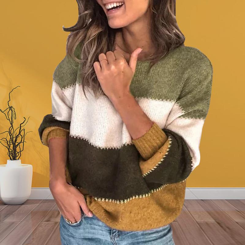

Women New Round Neck Color Matching Loose Sweater Pullover knitted sweater Simplicity keep lightweight comfortable 2021#35, Ye