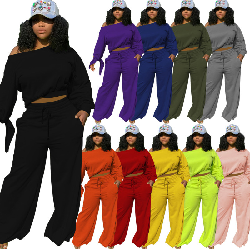 

Women 2 Pieces Set Tracksuit Designer Solidr Sexy Boat Collar Bat Sleeve Shoulderless Ladies New Fashion Casual Loose Sportwear Outfits 2020, Gray