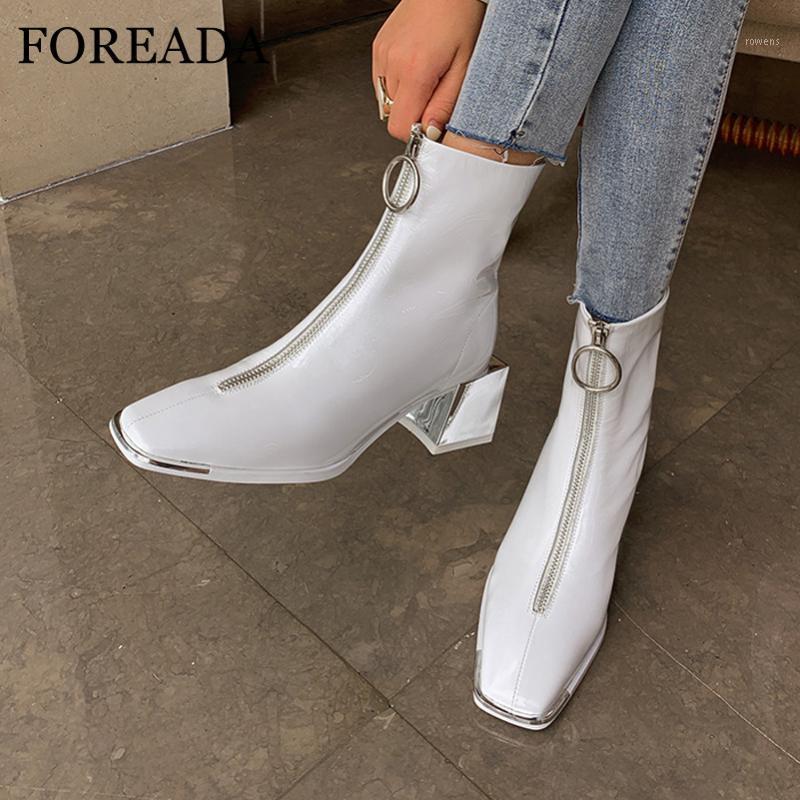 

FOREADA Ankle Boots High Heel Woman Boots Metal Decoration Square Toe Short Zip Thick Heel Female Shoes Autumn White Blue1