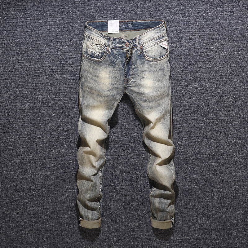 

2021 New Newly Fashion Retro Yellow Slim Fit Italian Vintage Men Elastic Denim Pants Streetwear Designer Jeans Homme Mqzp