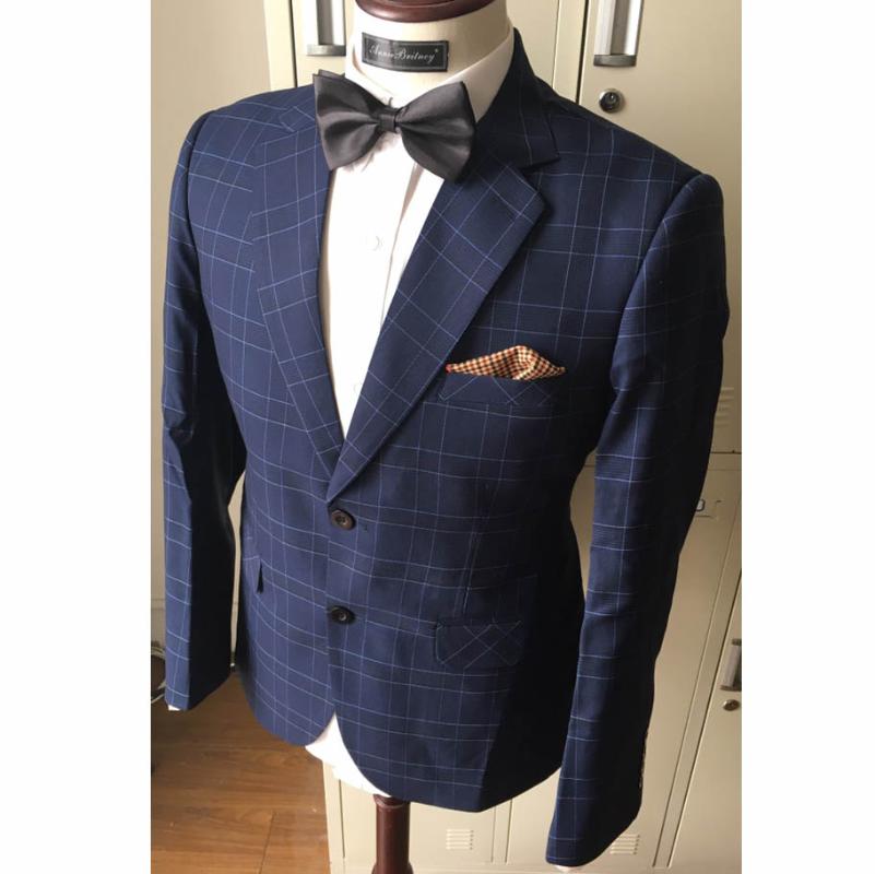 

Good Quality 100% Wool Blue Plaid Business Suits for Men Groom Best Man Wedding Prom Tuxedo Custom Jacket with Pants 2 Piece Set