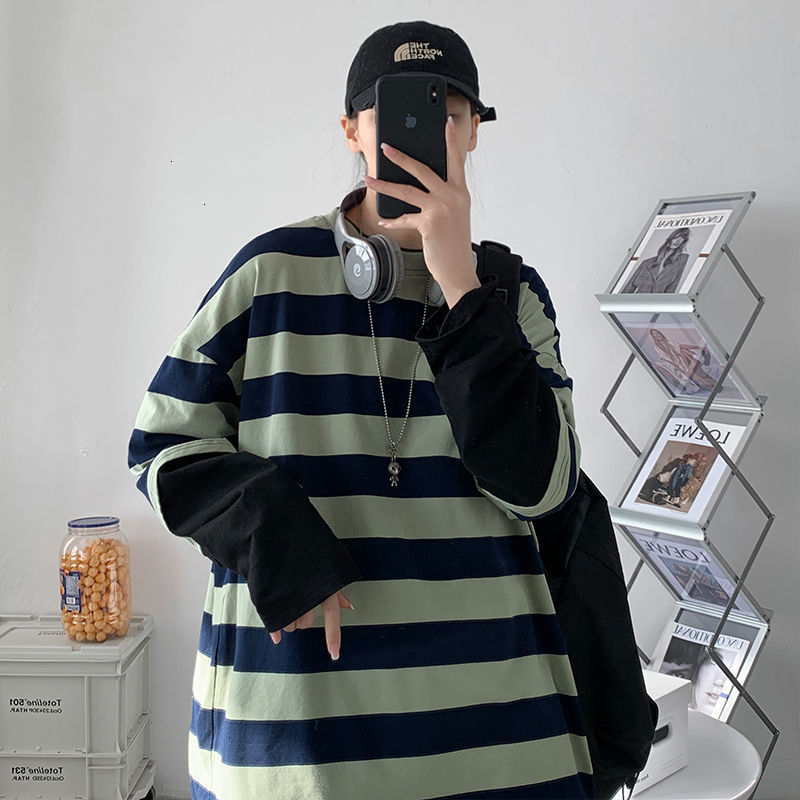 

New Men's Long Sleeve T-shirt Stripe Casual Oversize Pullovers Korean Streetwear 2021 Fashion Male Clothing College Ca8j, Blue