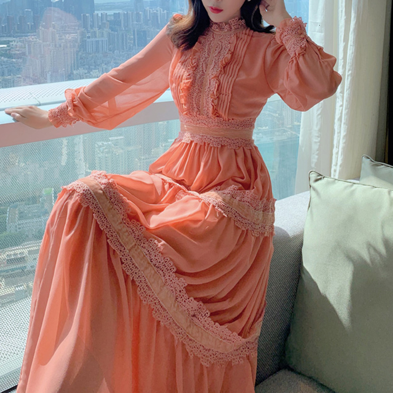 

2021 Orange Chiffon Dressed for Woman Frilly Long Sleeve Tall Lady Elegant Dress Spring Women New Clothes Y5gg