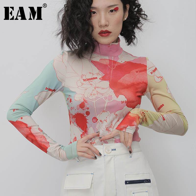 

[EAM] Women White Pattern Print Split Temperament T-shirt New Turtleneck Long Sleeve Fashion Tide Spring Autumn 1N112 201125