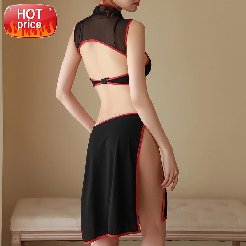 

Japanese Lingerie Sexy Teacher Uniform Transparent Cheongsam Dress T-pants Anime Cosplay Outfit Role Play Costume Temptation Hot #z43A, Black;white