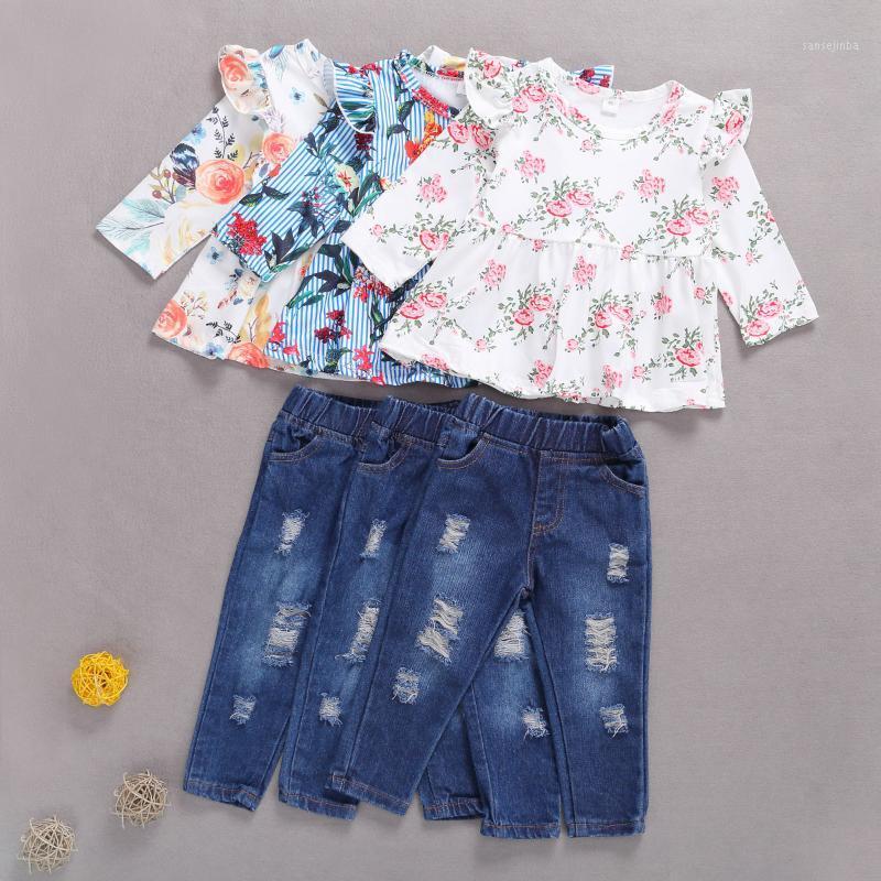 

Baby Spring Autumn Clothing Kids Set Floral Print Round Neck Long Sleeve Top and Ripped Jeans for Girls 2 Pieces Suit1