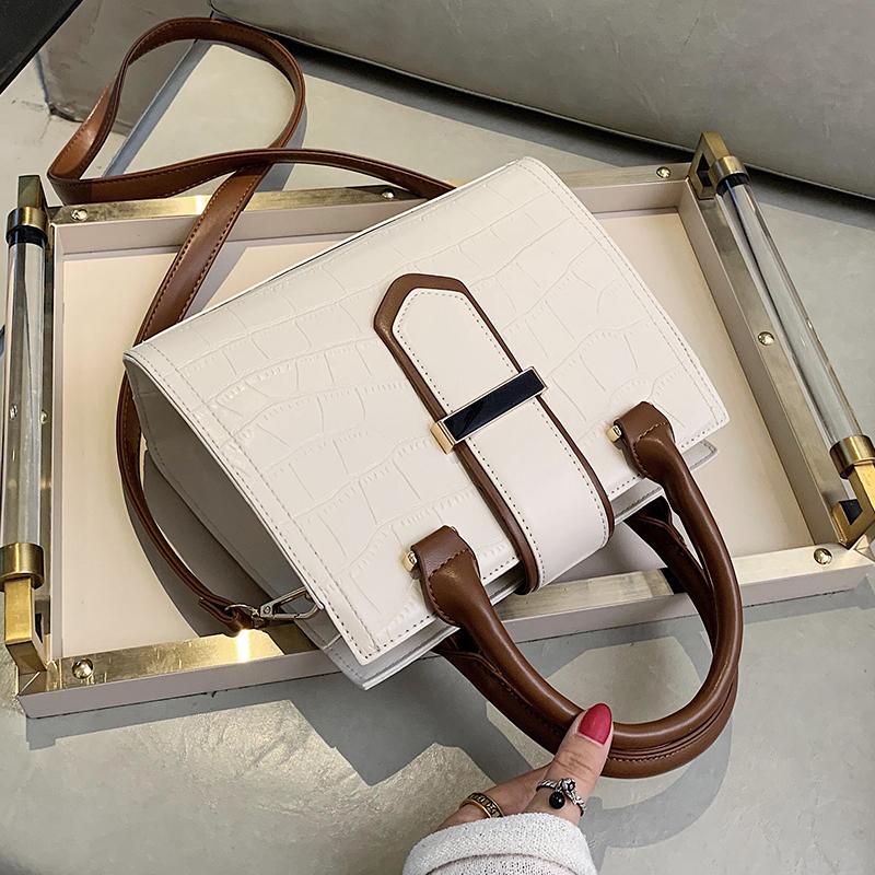 

Stone pattern Contrast color Tote bag 2020 New High-quality PU Leather Women's Designer Handbag Travel Shoulder Messenger Bag, Beige