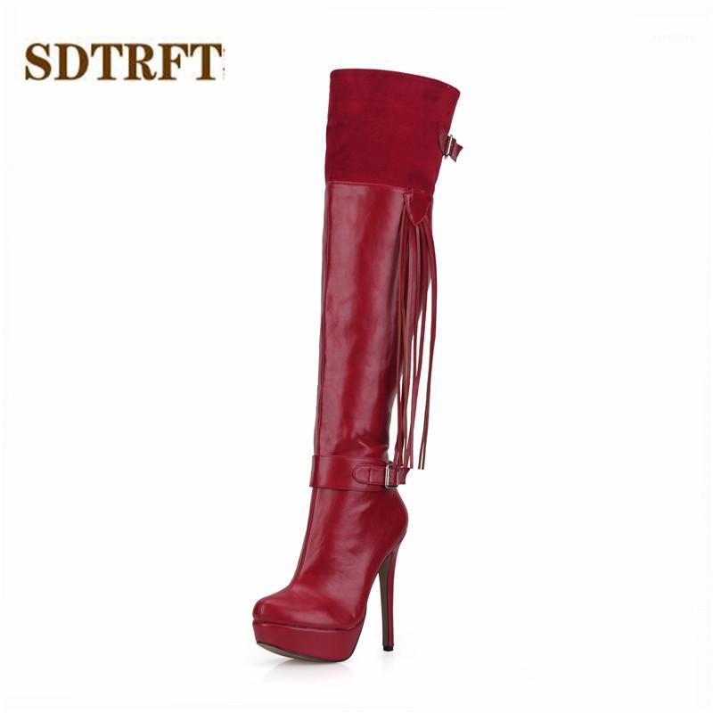 

SDTRFT Spring/Autumn New Tassels botas mujer 14cm thin heels Over the Knee boots Sexy Platforms shoes Woman Suede wedding pumps1, Red