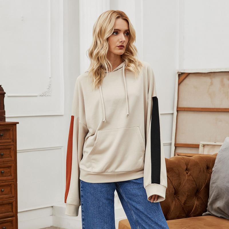

Splicing Sweatshirts Women's Solid color Mid Length Autumn Winter fashionable bluza damska z kapturem College Students Hoodies, Khaki