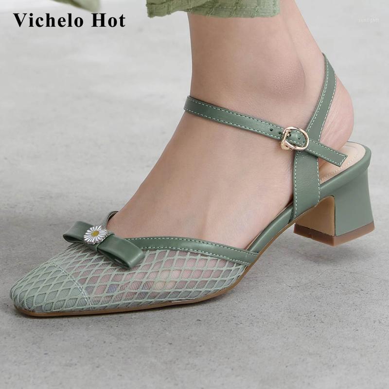 

Vichelo Hot natural leather air mesh square toe med heel butterfly-knot flower decorations pretty girls basic sandals women L301, Beige